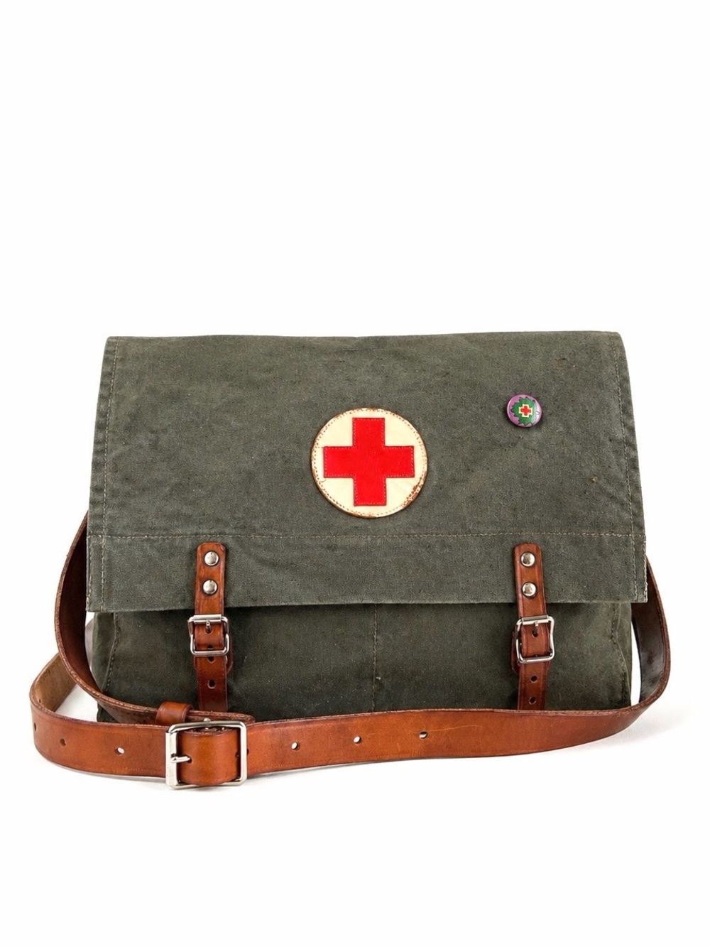 Vintage 1951 Swedish Military Medic Canvas Bag - Leather Strap Crossbody